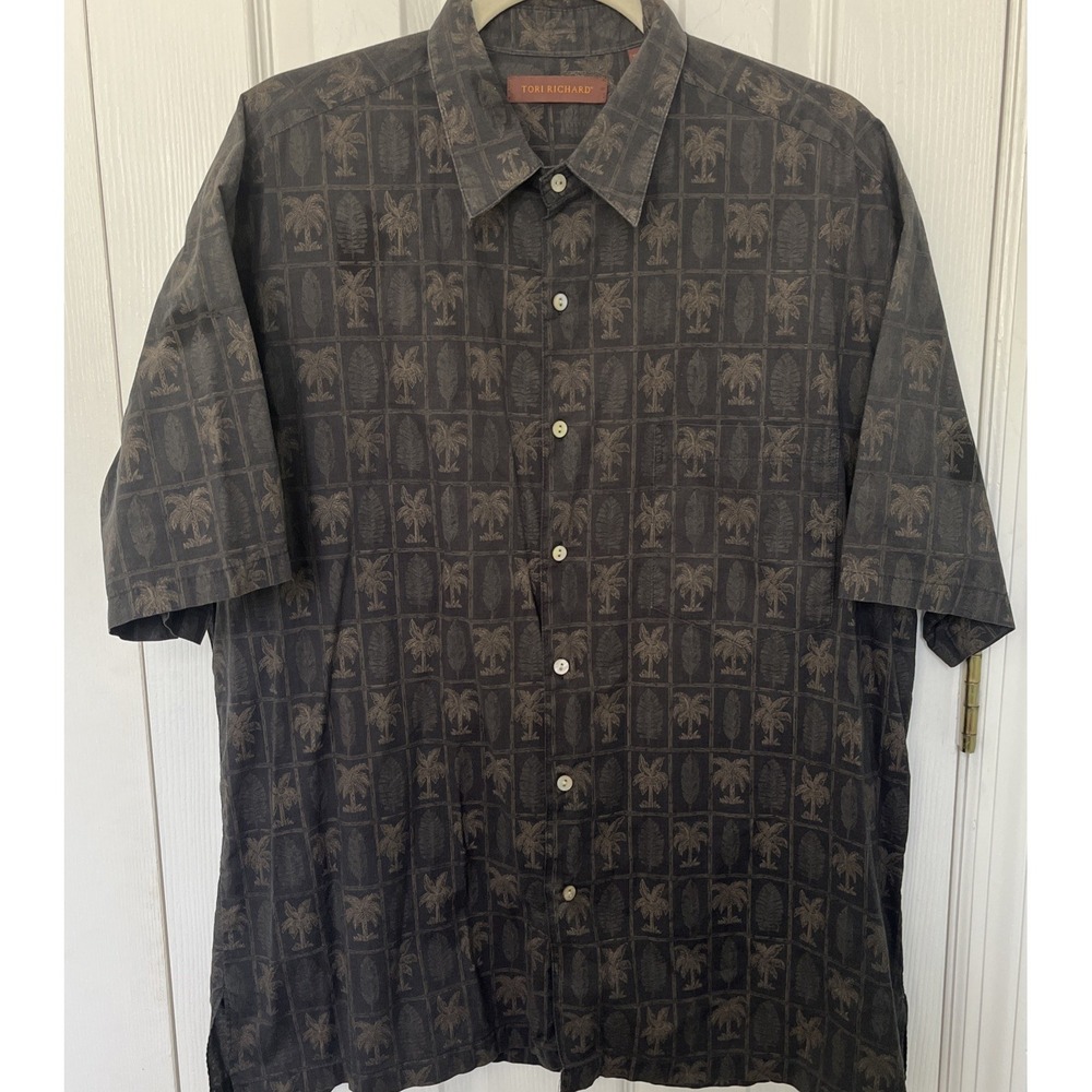 Tori Richard Black Palm Tree Hawaiian Shirt Mens L Cotton Lawn 0300-1254 USA